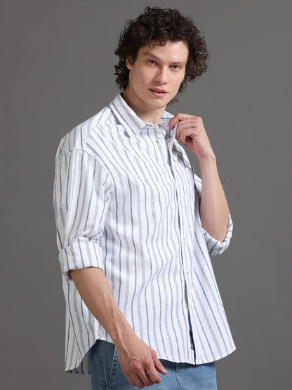 Silisoul White Relaxed Fit Vertical Stripes Print Shirt