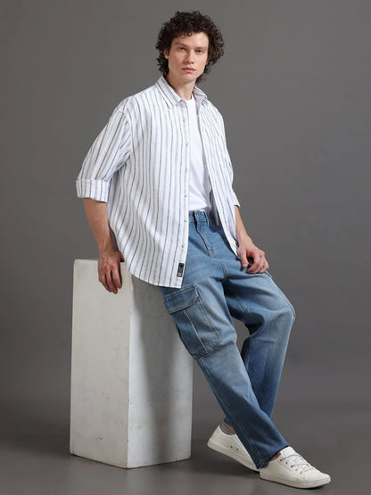 Silisoul White Relaxed Fit Vertical Stripes Print Shirt