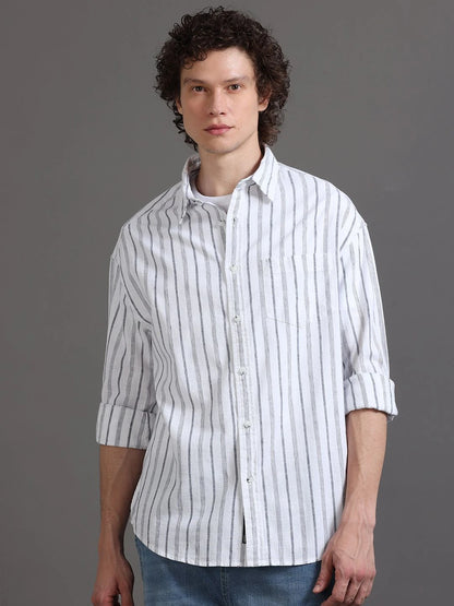 Silisoul White Relaxed Fit Vertical Stripes Print Shirt