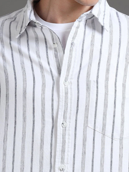 Silisoul White Relaxed Fit Vertical Stripes Print Shirt