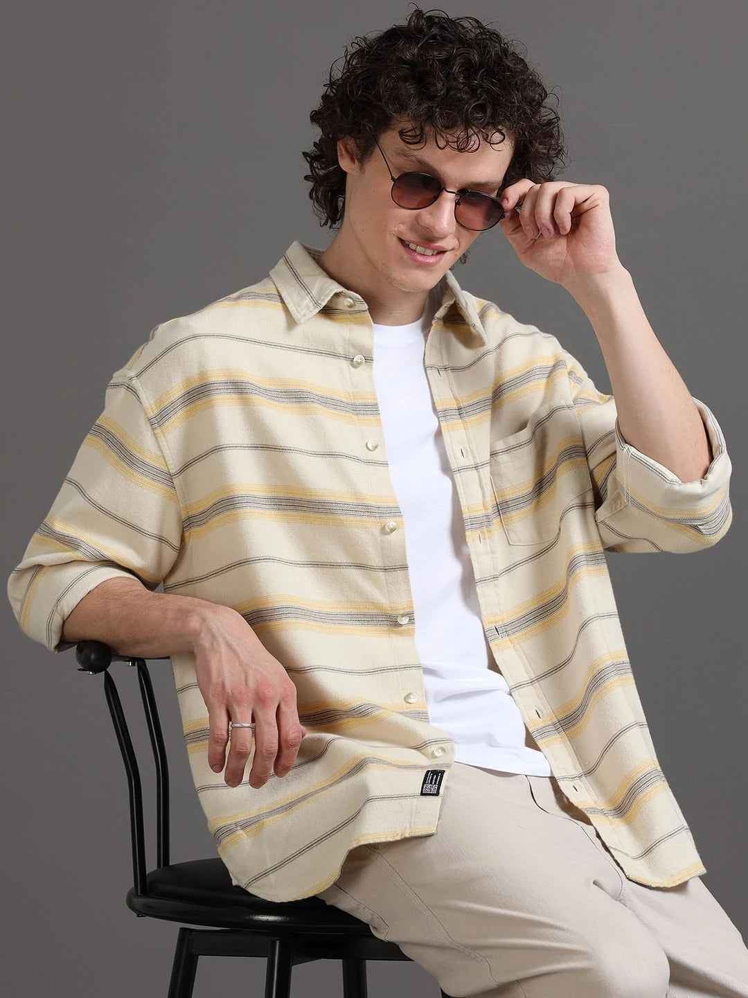 Silisoul Beige Relaxed Fit Horizontal Stripes Print Shirt