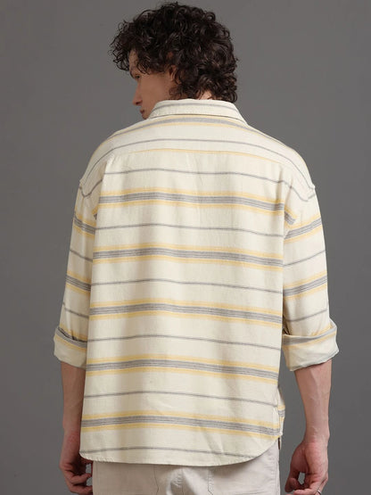 Silisoul Beige Relaxed Fit Horizontal Stripes Print Shirt