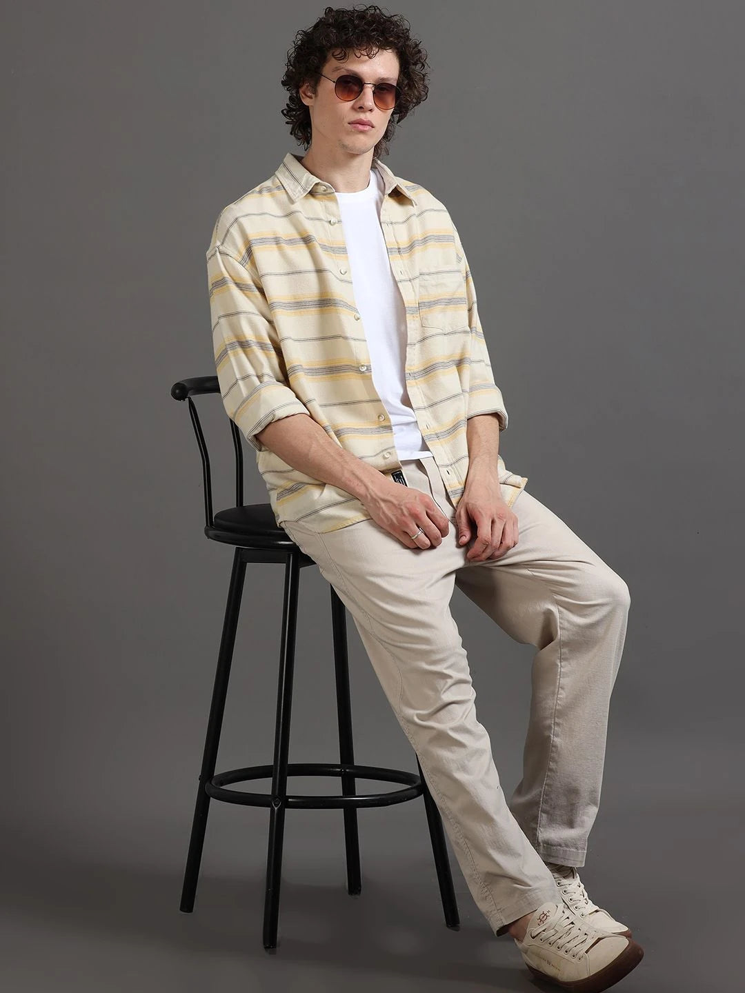 Silisoul Beige Relaxed Fit Horizontal Stripes Print Shirt