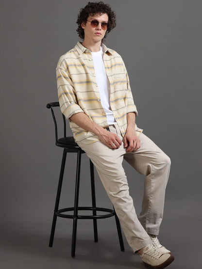 Silisoul Beige Relaxed Fit Horizontal Stripes Print Shirt
