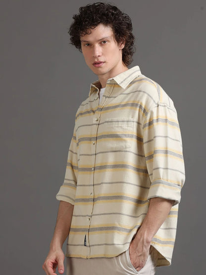 Silisoul Beige Relaxed Fit Horizontal Stripes Print Shirt