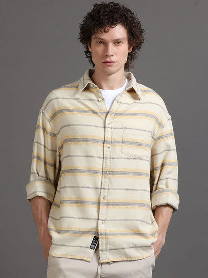 Silisoul Beige Relaxed Fit Horizontal Stripes Print Shirt