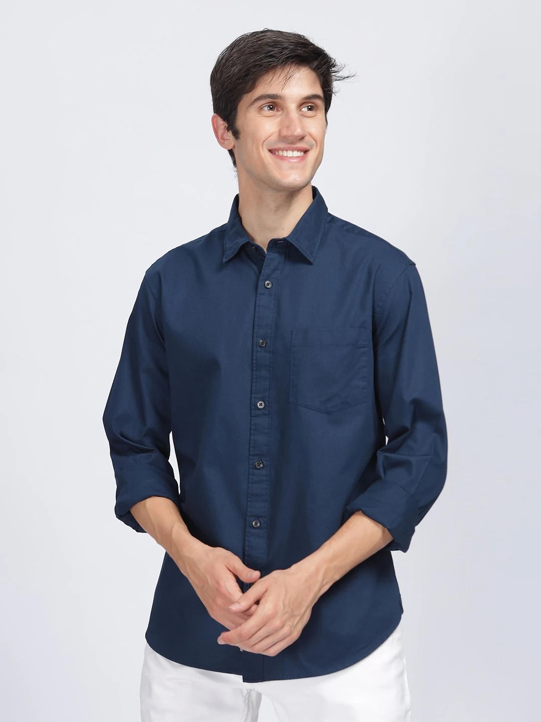 Silisoul Navy Blue Regular Fit Cotton Long Sleeves Shirt