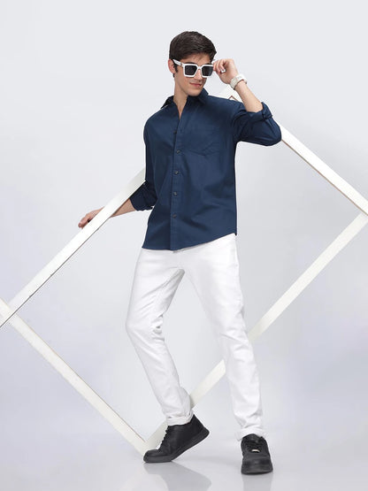 Silisoul Navy Blue Regular Fit Cotton Long Sleeves Shirt