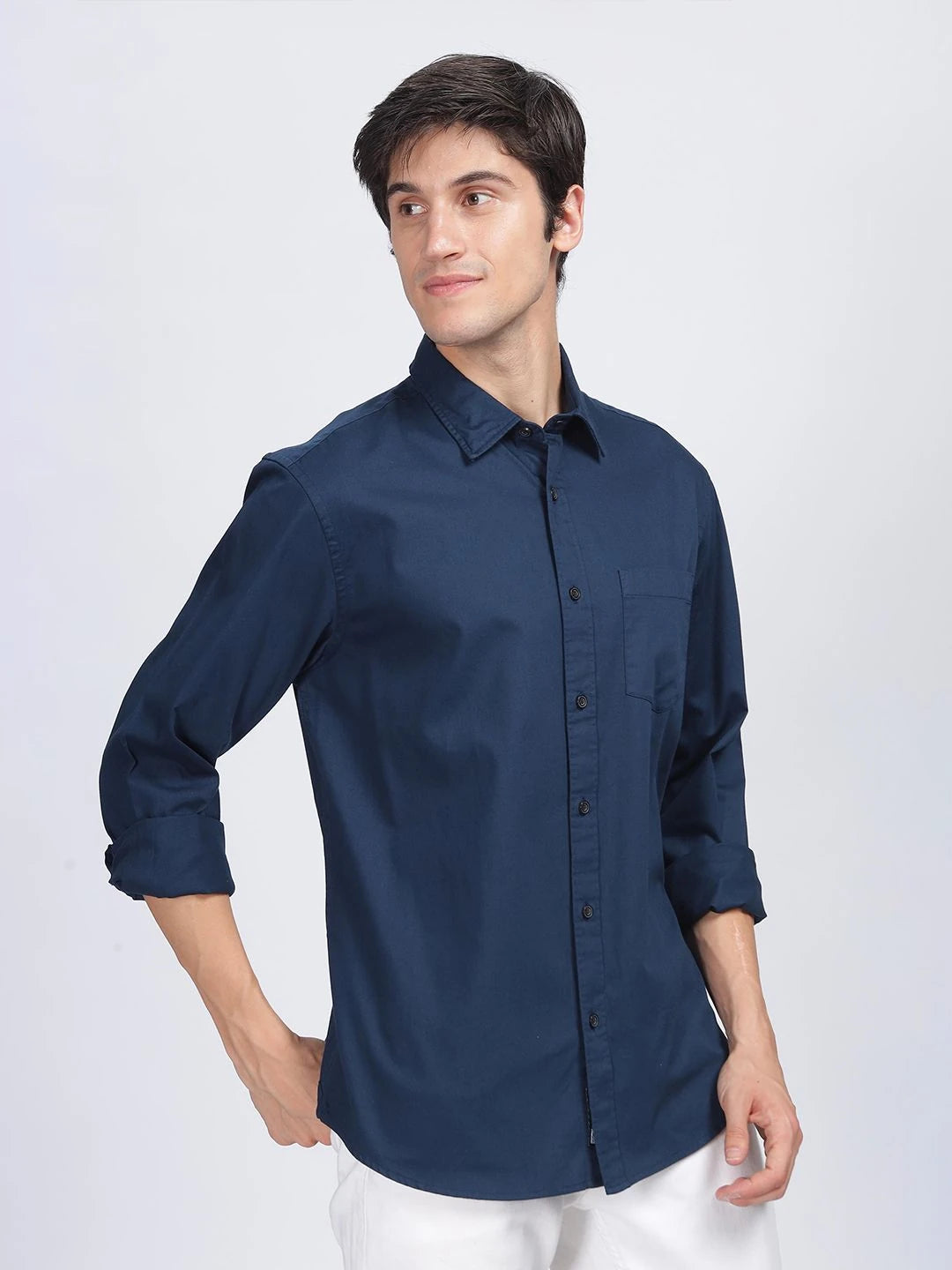 Silisoul Navy Blue Regular Fit Cotton Long Sleeves Shirt