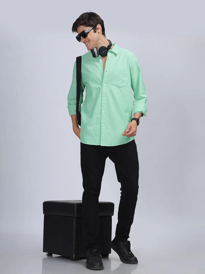 Silisoul Green Regular Fit Cotton Long Sleeves Spread Collar Shirt