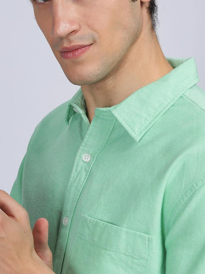 Silisoul Green Regular Fit Cotton Long Sleeves Spread Collar Shirt