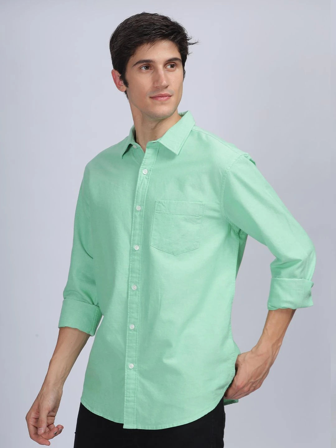 Silisoul Green Regular Fit Cotton Long Sleeves Spread Collar Shirt