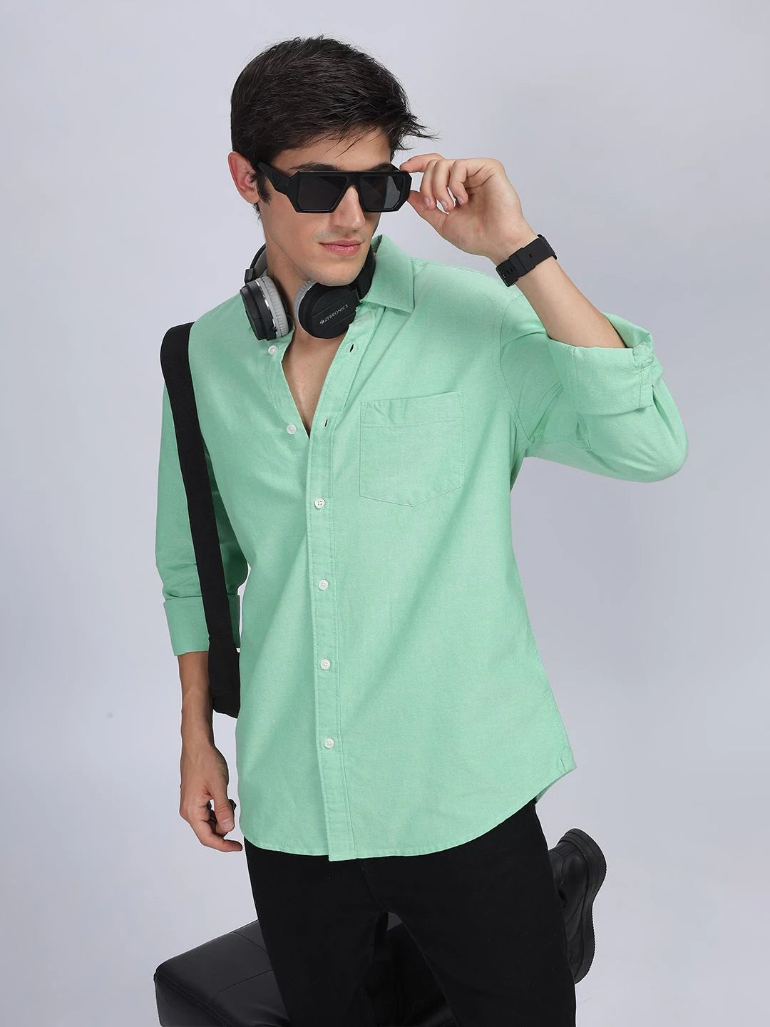 Silisoul Green Regular Fit Cotton Long Sleeves Spread Collar Shirt