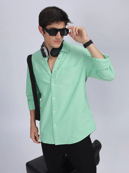 Silisoul Green Regular Fit Cotton Long Sleeves Spread Collar Shirt
