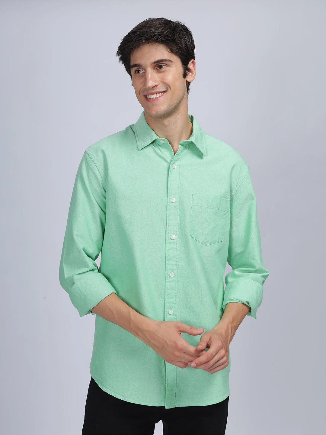 Silisoul Green Regular Fit Cotton Long Sleeves Spread Collar Shirt