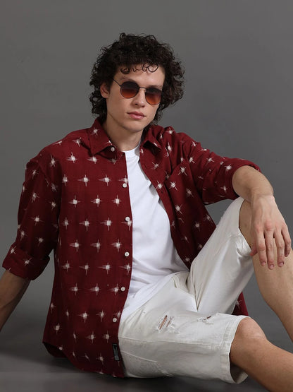 Silisoul Red Regular Fit Geometric Print Cotton Long Sleeves Shirt