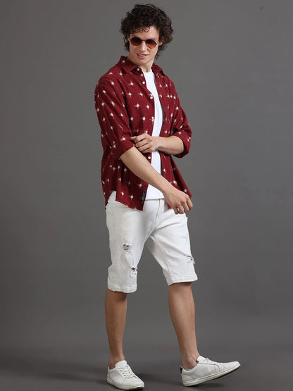 Silisoul Red Regular Fit Geometric Print Cotton Long Sleeves Shirt