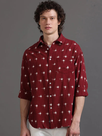 Silisoul Red Regular Fit Geometric Print Cotton Long Sleeves Shirt