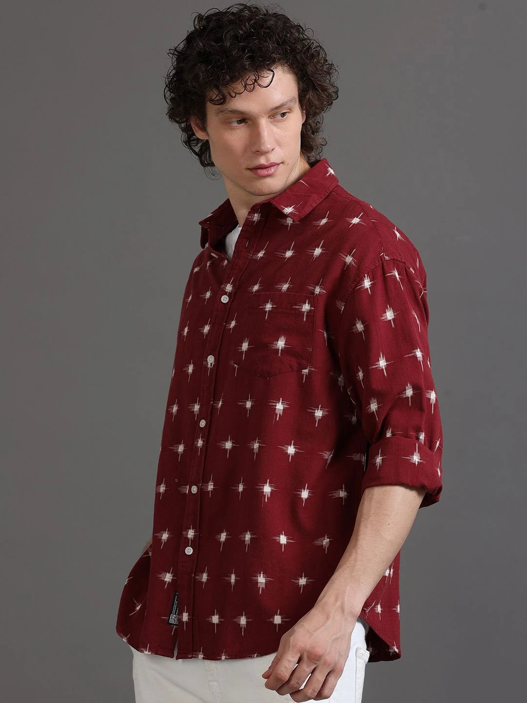 Silisoul Red Regular Fit Geometric Print Cotton Long Sleeves Shirt