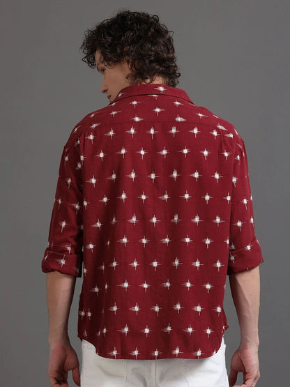 Silisoul Red Regular Fit Geometric Print Cotton Long Sleeves Shirt