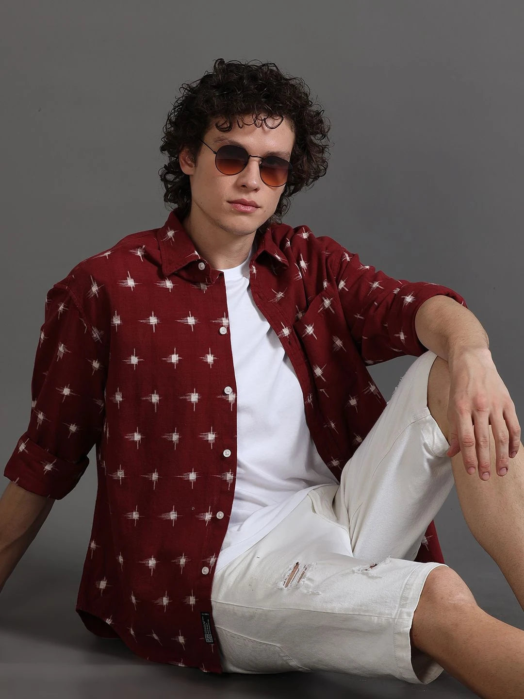 Silisoul Red Regular Fit Geometric Print Cotton Long Sleeves Shirt
