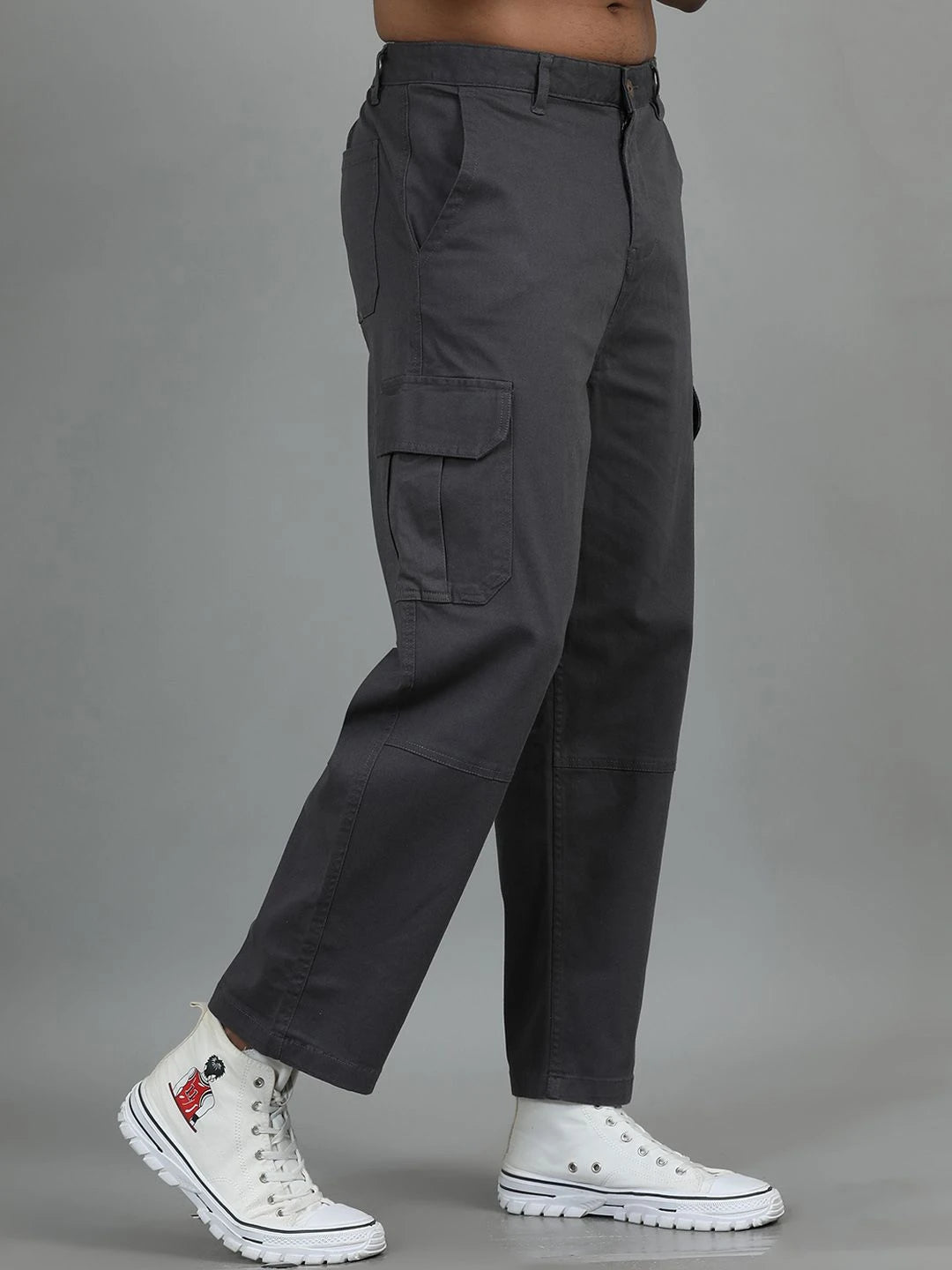 Silisoul Grey Loose Fit Cotton Mid-Rise Zip Woven Trousers