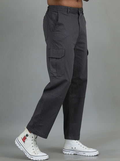 Silisoul Grey Loose Fit Cotton Mid-Rise Zip Woven Trousers