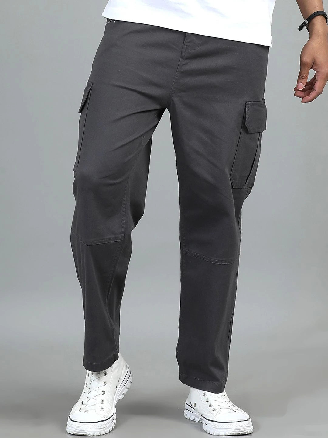 Silisoul Grey Loose Fit Cotton Mid-Rise Zip Woven Trousers