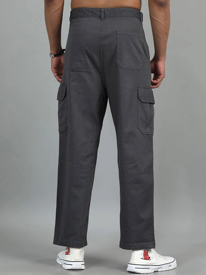 Silisoul Grey Loose Fit Cotton Mid-Rise Zip Woven Trousers
