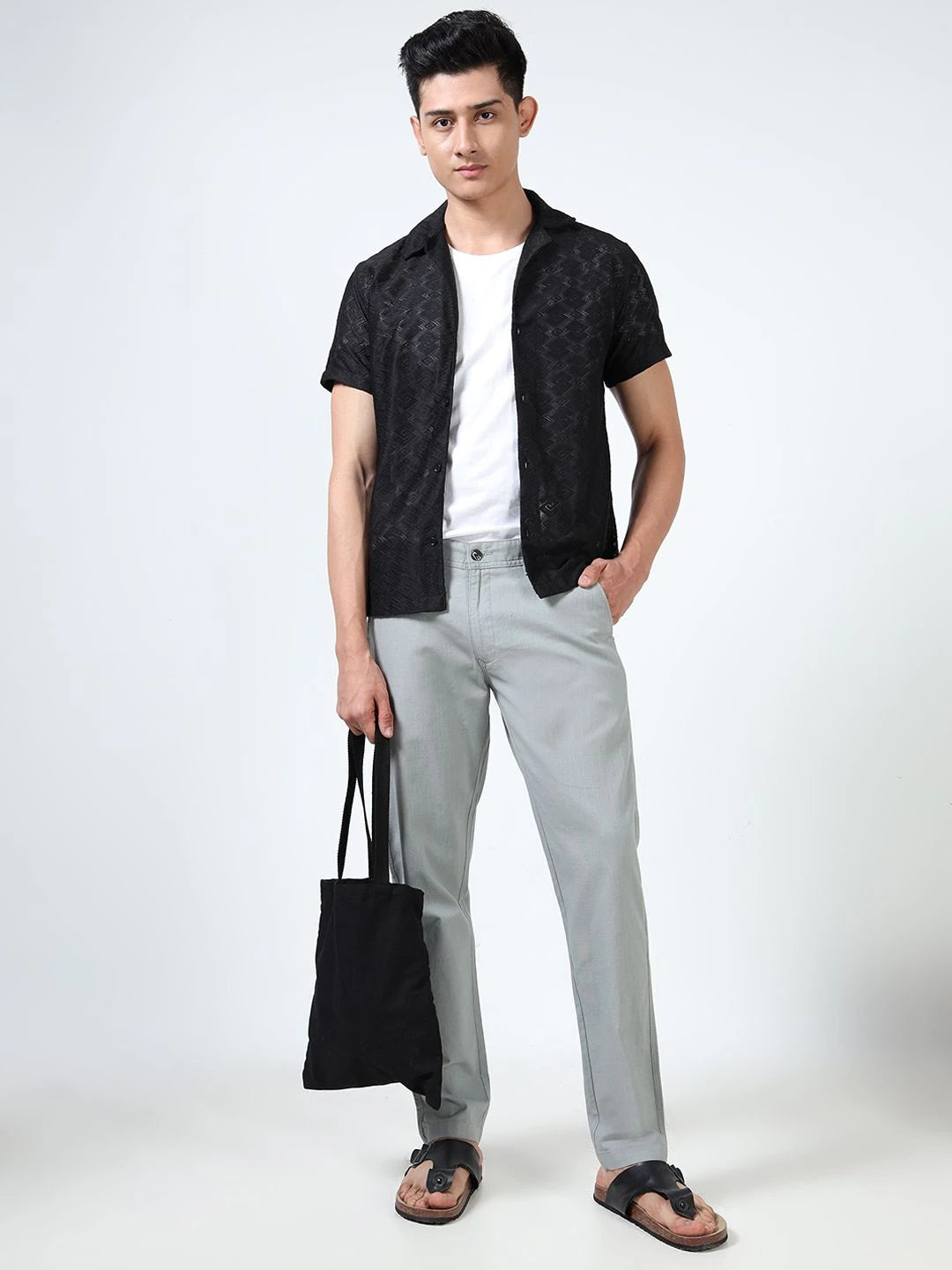 Silisoul Grey Regular Fit Linen Mid-Rise Button Trousers