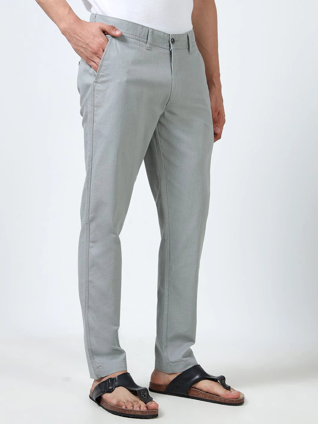 Silisoul Grey Regular Fit Linen Mid-Rise Button Trousers