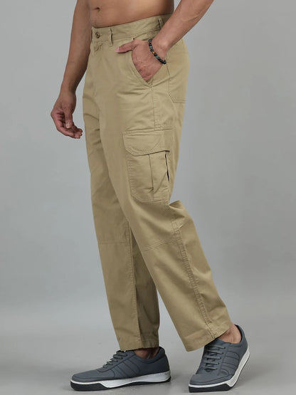Silisoul Khaki Loose Fit Cotton Mid-Rise Button Trousers