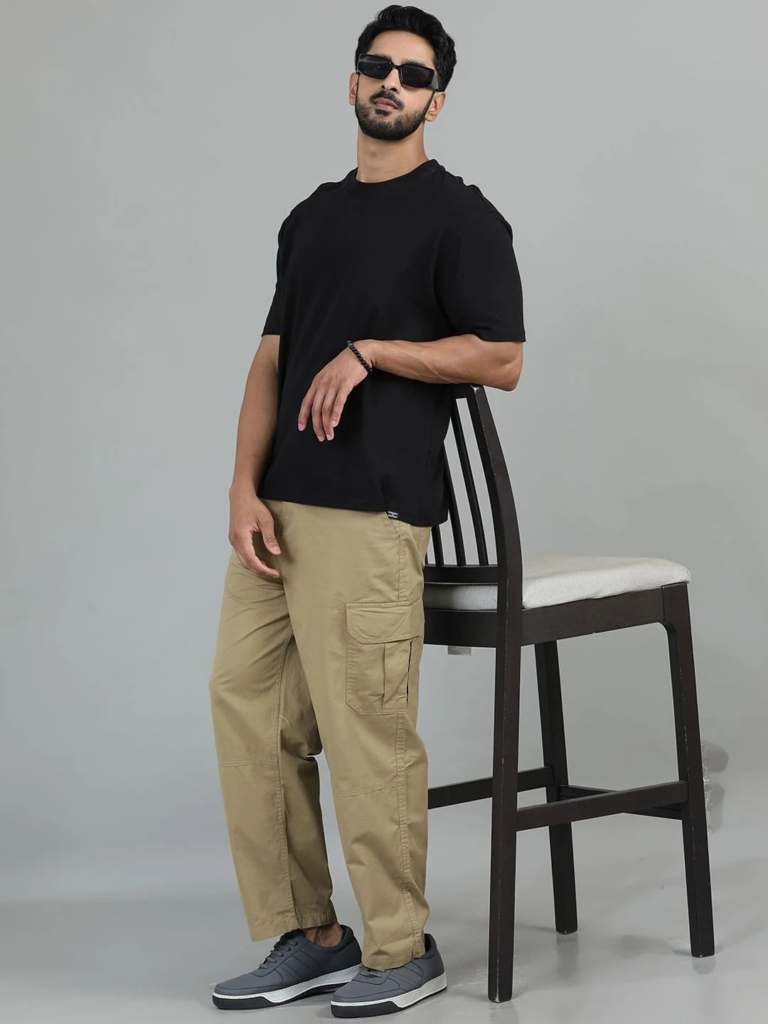Silisoul Khaki Loose Fit Cotton Mid-Rise Button Trousers