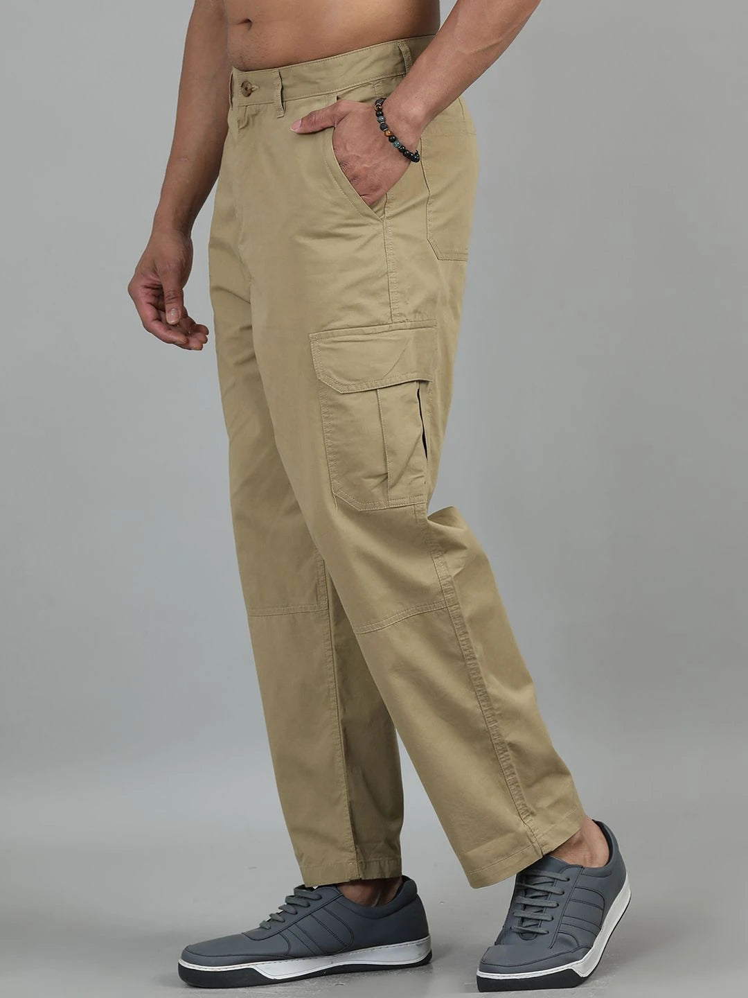 Silisoul Khaki Loose Fit Cotton Mid-Rise Button Trousers