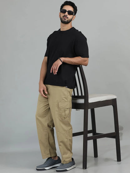 Silisoul Khaki Loose Fit Cotton Mid-Rise Button Trousers