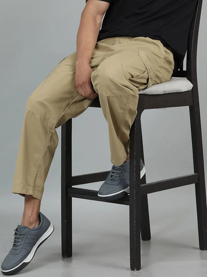 Silisoul Khaki Loose Fit Cotton Mid-Rise Button Trousers