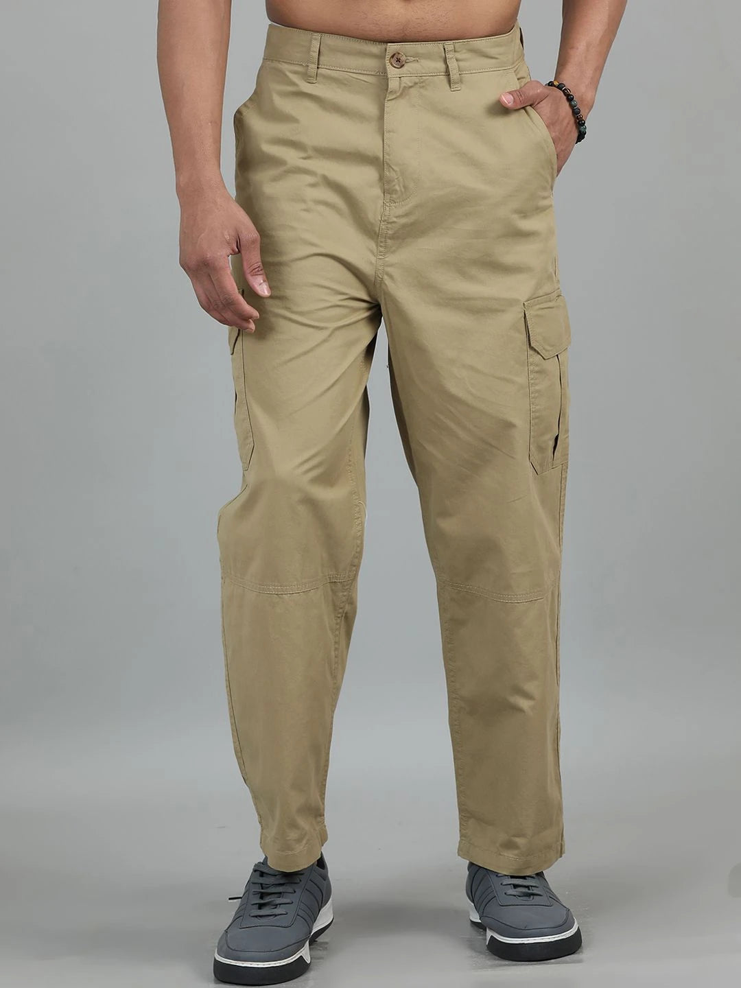 Silisoul Khaki Loose Fit Cotton Mid-Rise Button Trousers