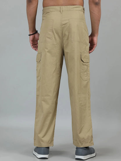 Silisoul Khaki Loose Fit Cotton Mid-Rise Button Trousers