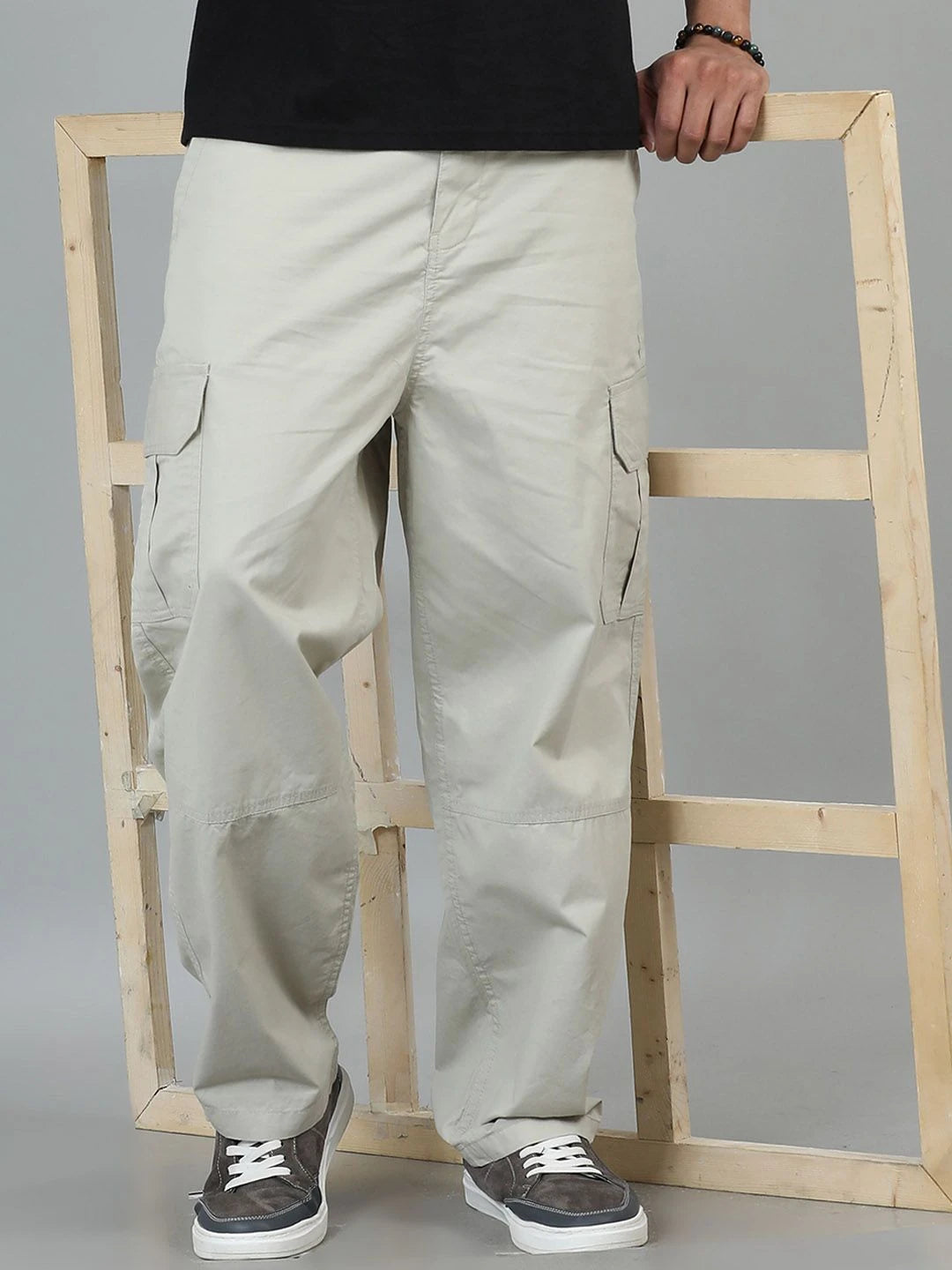 Silisoul Beige Loose Fit Cotton Mid-Rise Button Trousers