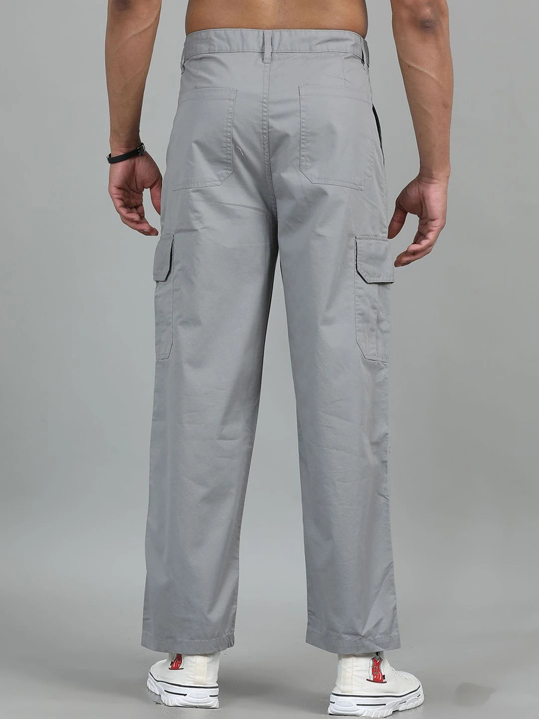 Silisoul Grey Loose Fit Cotton Mid-Rise Button Woven Trousers
