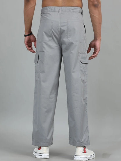 Silisoul Grey Loose Fit Cotton Mid-Rise Button Woven Trousers