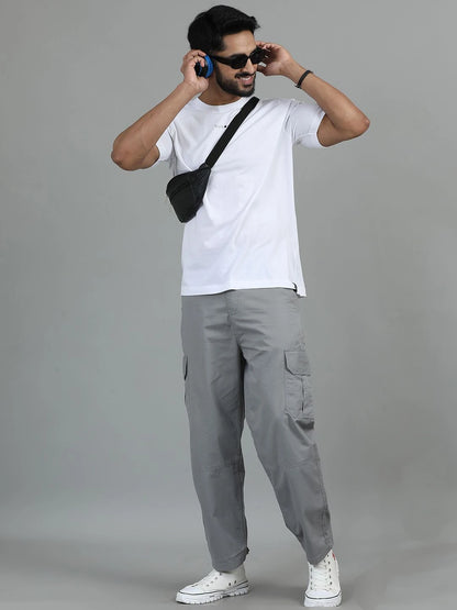 Silisoul Grey Loose Fit Cotton Mid-Rise Button Woven Trousers