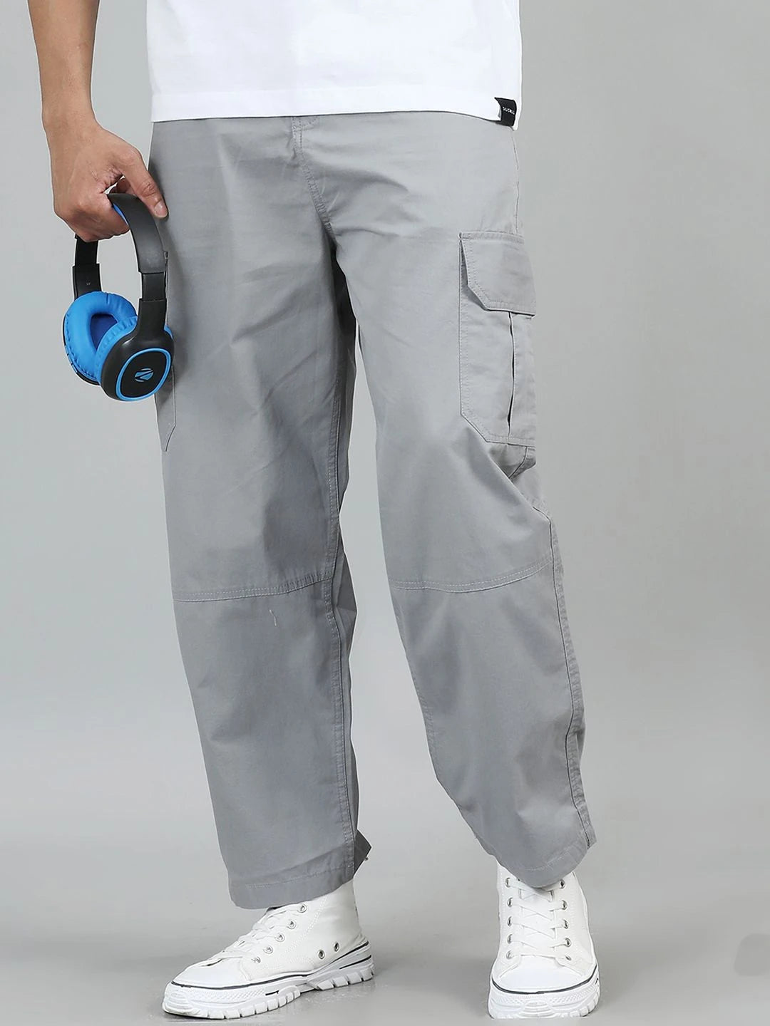 Silisoul Grey Loose Fit Cotton Mid-Rise Button Woven Trousers