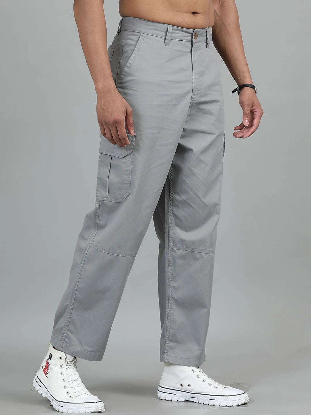 Silisoul Grey Loose Fit Cotton Mid-Rise Button Woven Trousers