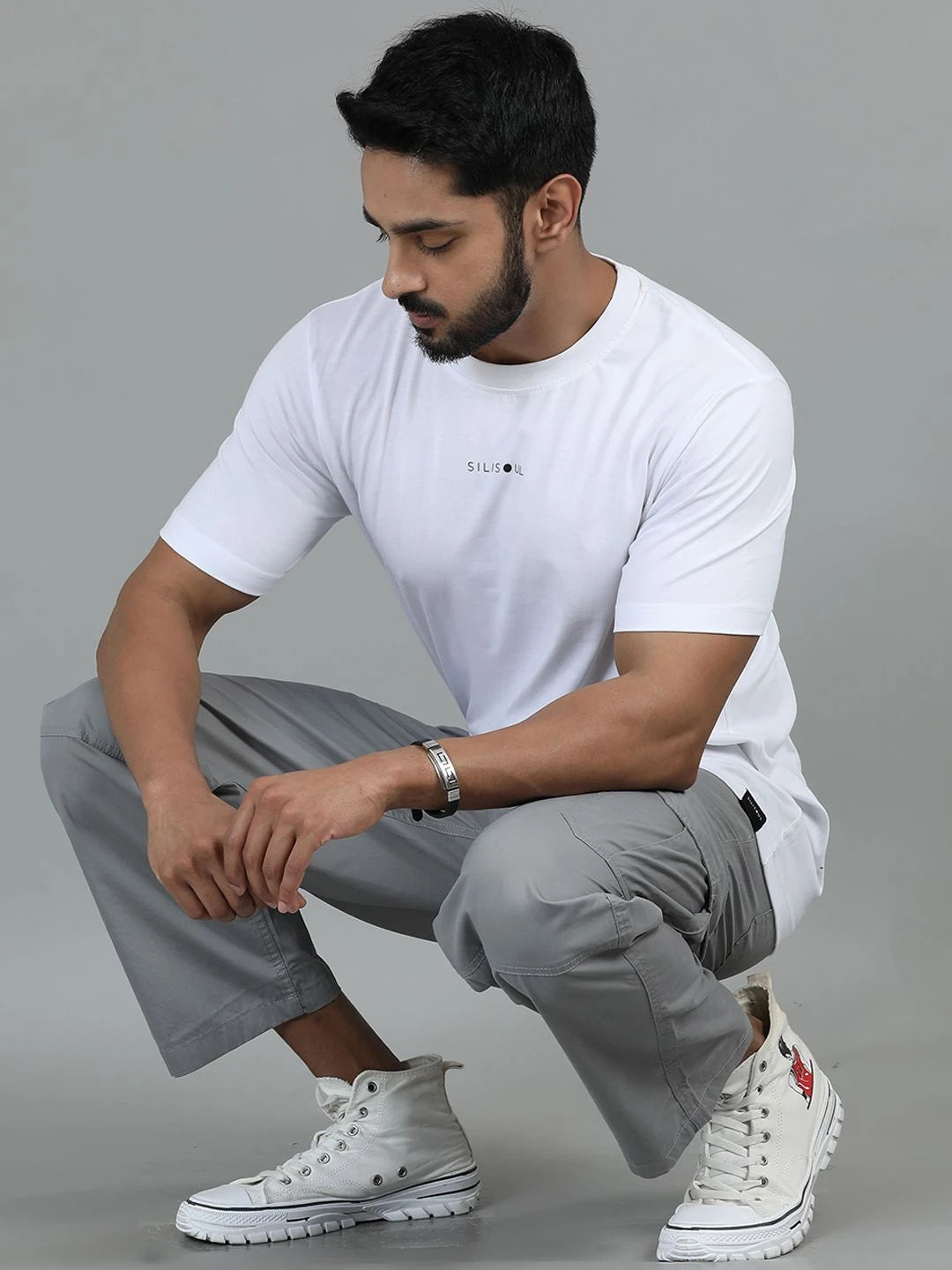 Silisoul Grey Loose Fit Cotton Mid-Rise Button Woven Trousers