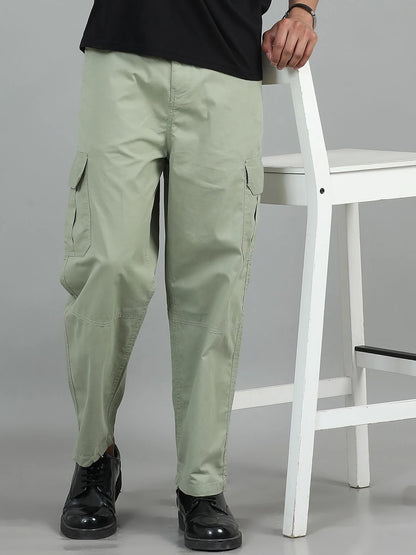 Silisoul Olive Loose Fit Cotton Mid-Rise Button Zip Fly Trousers