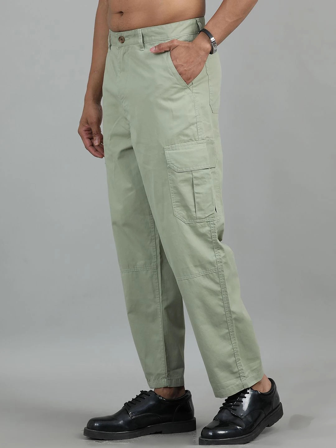 Silisoul Olive Loose Fit Cotton Mid-Rise Button Zip Fly Trousers