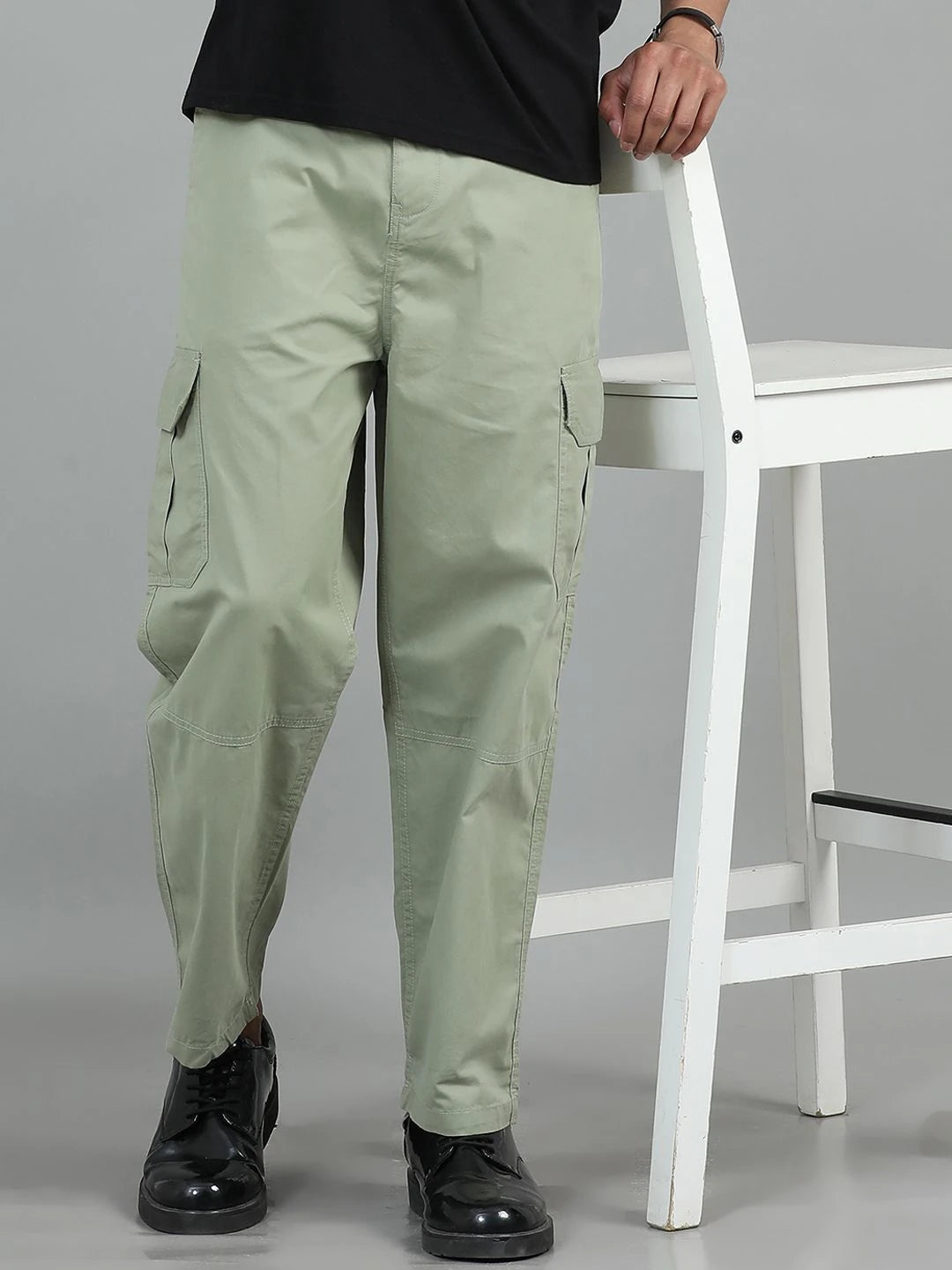 Silisoul Olive Loose Fit Cotton Mid-Rise Button Zip Fly Trousers