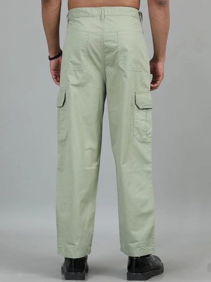 Silisoul Olive Loose Fit Cotton Mid-Rise Button Zip Fly Trousers
