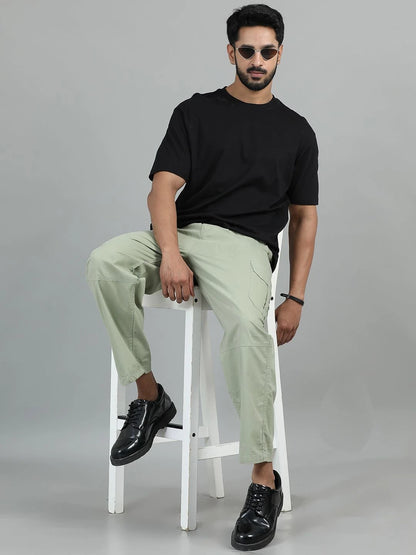 Silisoul Olive Loose Fit Cotton Mid-Rise Button Zip Fly Trousers